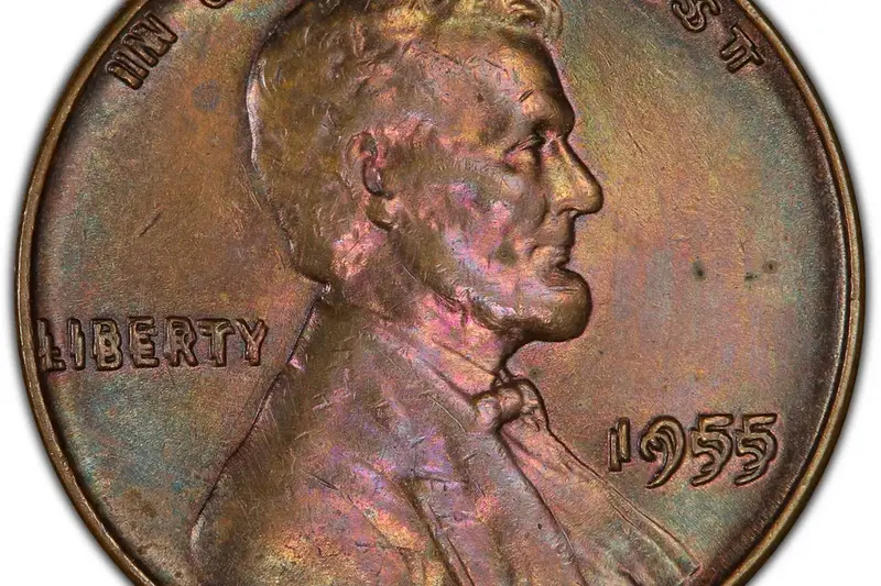 Close-up of a 1955 doubled die Lincoln cent showing bold doubling on the date and LIBERTY