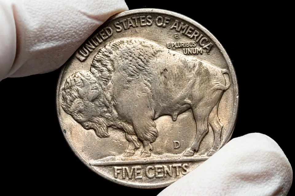 1937-D three-legged Buffalo nickel reverse close-up held in gloved hands