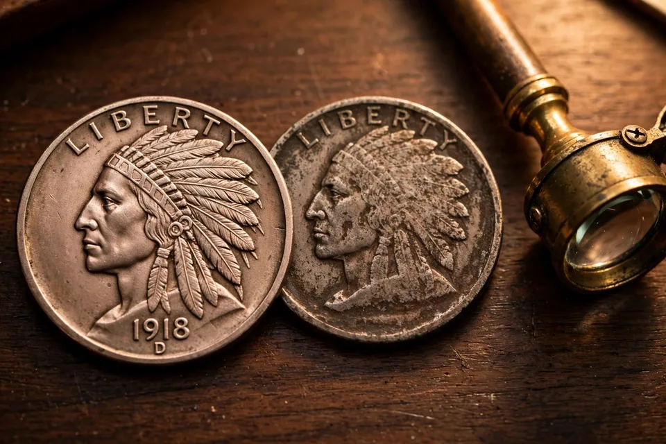 1918-D Buffalo nickel with crisp date beside a dateless worn Buffalo nickel