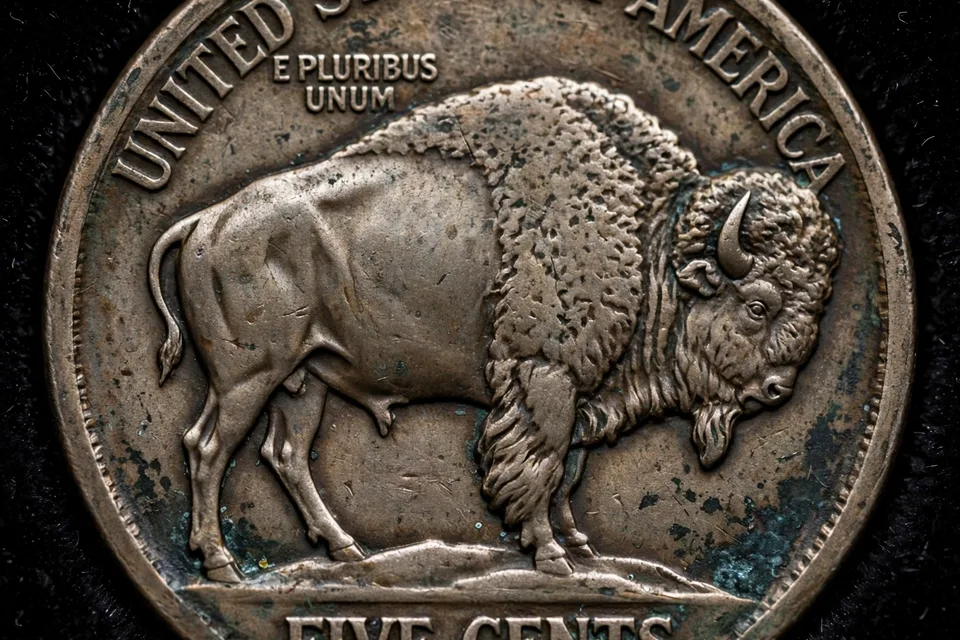 Buffalo nickel reverse — bison above FIVE CENTS, mint mark sits below