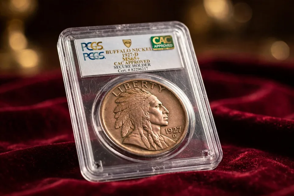 Certified 1927-D Buffalo nickel graded MS65+ in a sealed slab