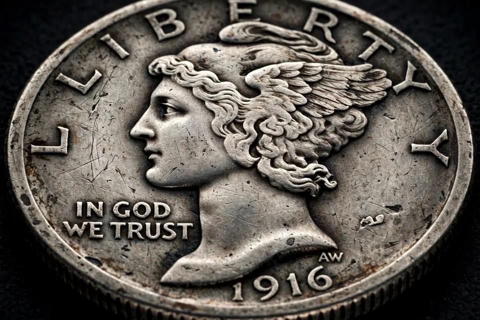1916 Mercury dime obverse — Winged Liberty Head worth $1,000+