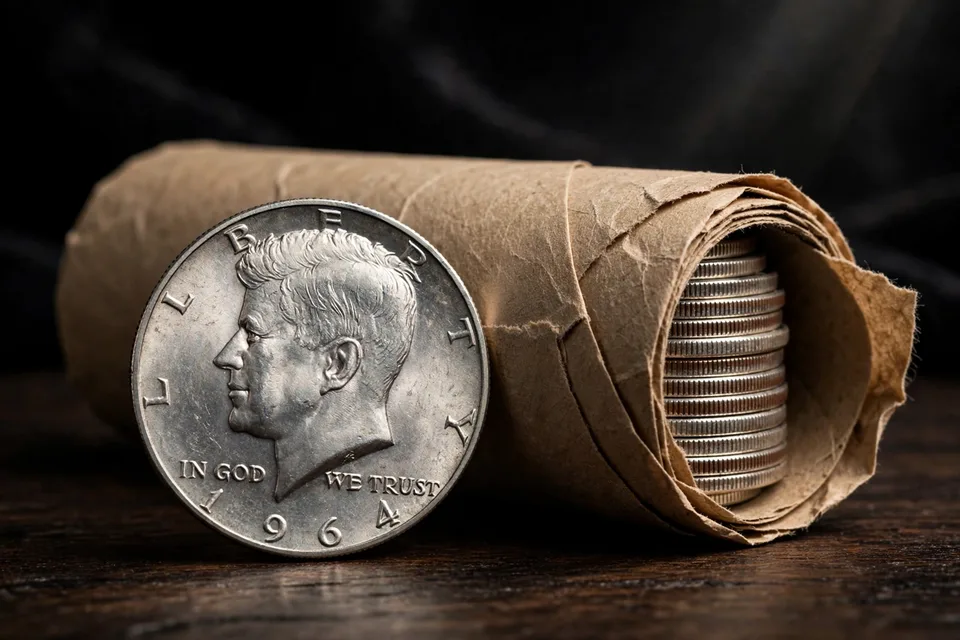 Paper roll of 1964 Kennedy half dollars — each coin holds 0.36169 ounces of pure silver