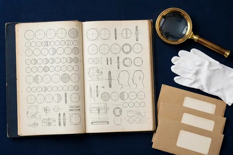 An archival coin reference book with a loupe and cotton gloves