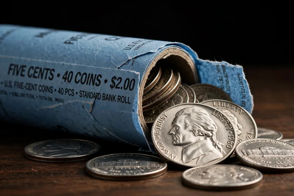 Blue paper-wrapped bank roll of U.S. nickels with Jefferson nickels spilling out