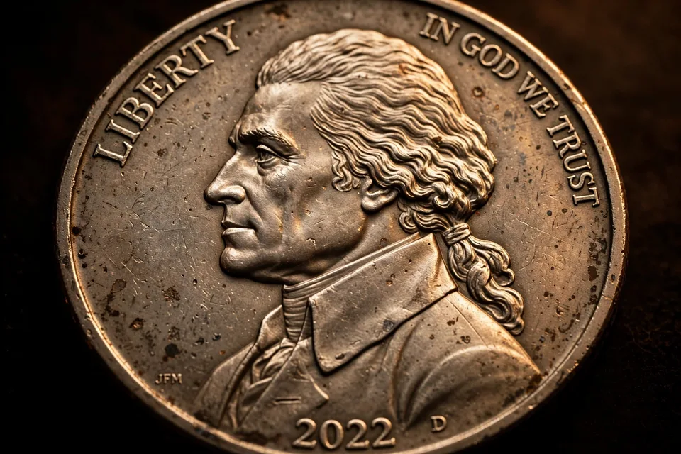 Close-up of a Jefferson nickel obverse showing Thomas Jefferson's portrait in fine detail