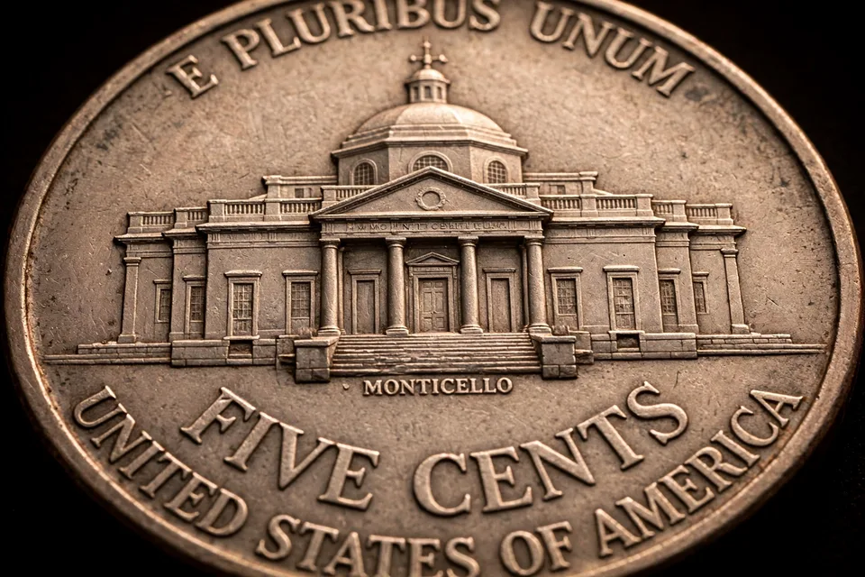 Reverse of a Jefferson nickel showing Monticello with fine architectural detail