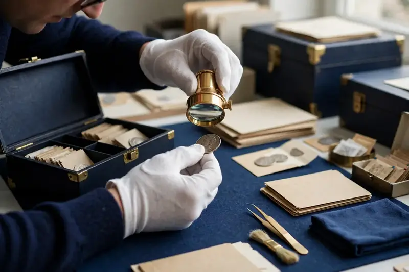A gloved collector inspecting a coin beneath a loupe